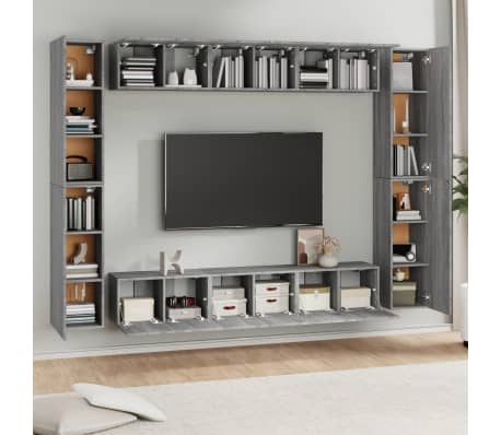 vidaXL TV spintelių komplektas, 10 dalių, pilkas ąžuolo, mediena