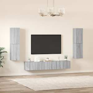 vidaXL TV spintelių komplektas, 7 dalių, pilkas ąžuolo, mediena