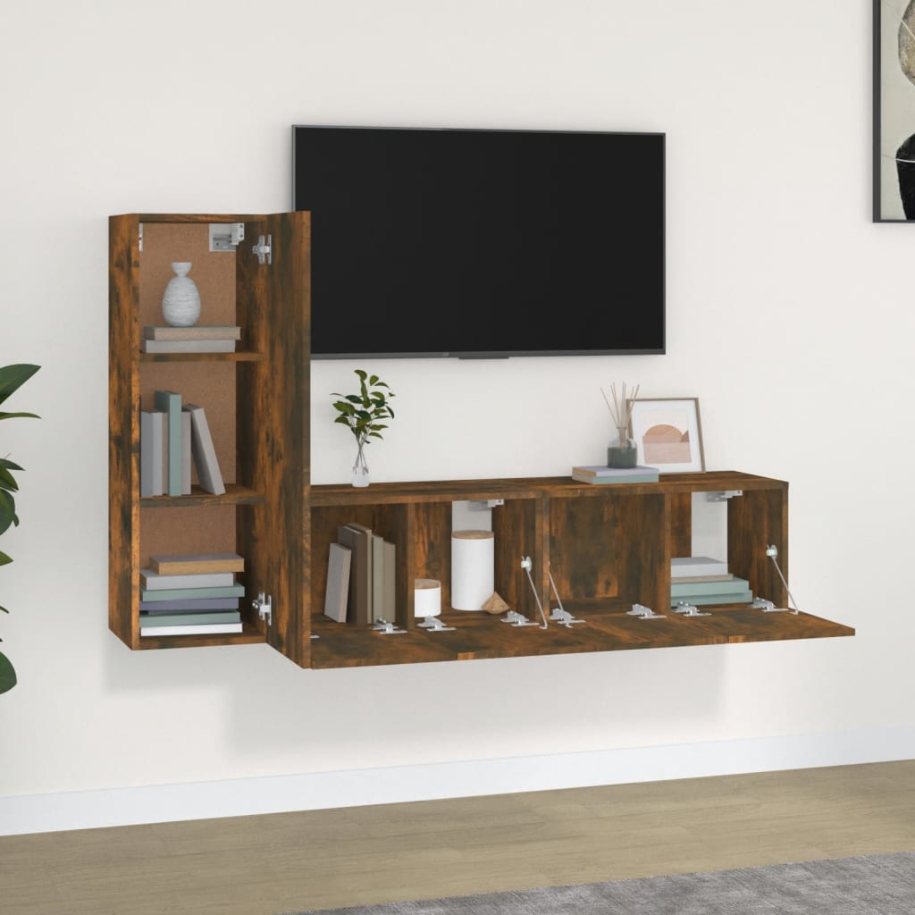 vidaXL Set dulapuri TV, 3 piese, stejar fumuriu, lemn prelucrat