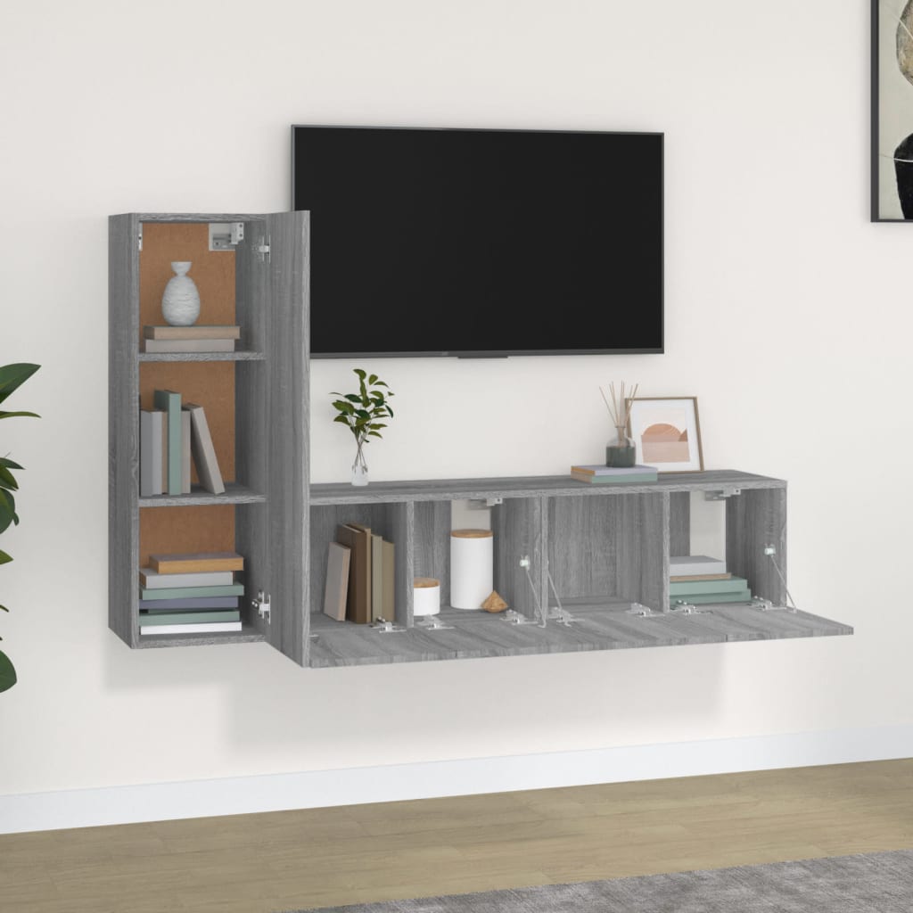 vidaXL 3-delige Tv-meubelset bewerkt hout grijs sonoma eikenkleurig