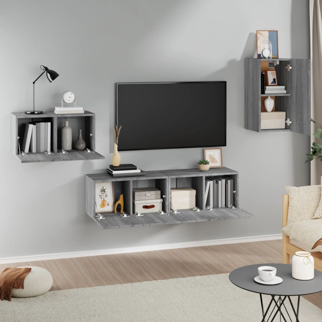vidaXL 4-delige Tv-meubelset bewerkt hout grijs sonoma eikenkleurig