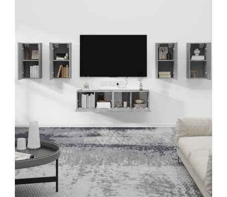 vidaXL TV spintelių komplektas, 6 dalių, pilkas ąžuolo, mediena