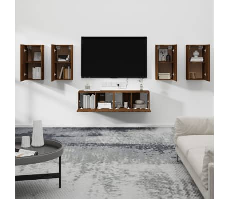 vidaXL TV spintelių komplektas, 6 dalių, rudas ąžuolo, mediena