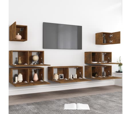 vidaXL Set comodă TV, 7 piese, stejar fumuriu, lemn compozit