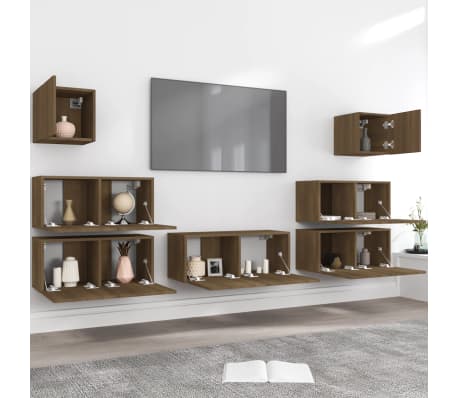 vidaXL TV spintelių komplektas, 7 dalių, rudas ąžuolo, mediena