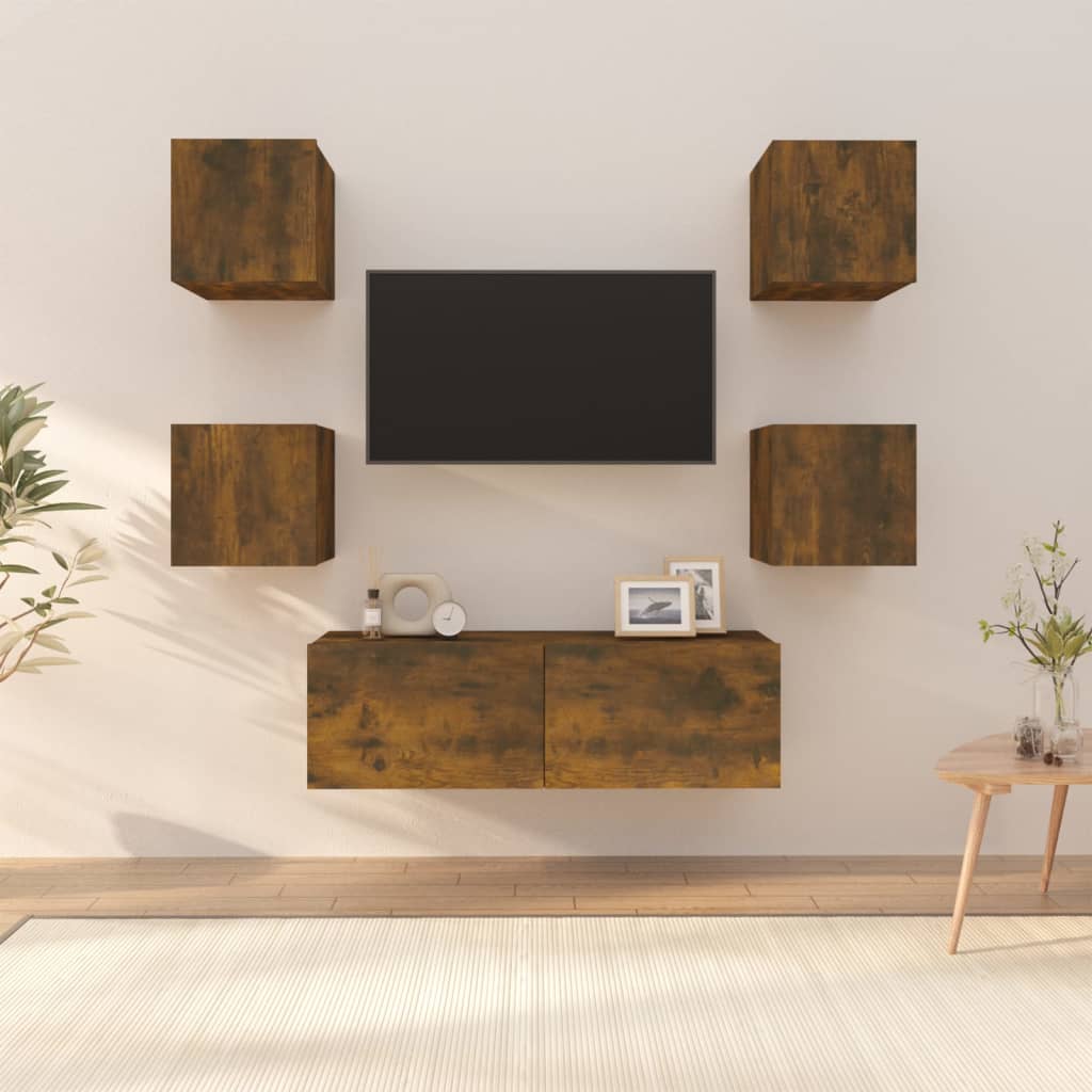 vidaXL Set dulap TV montat pe perete, stejar afumat, lemn prelucrat