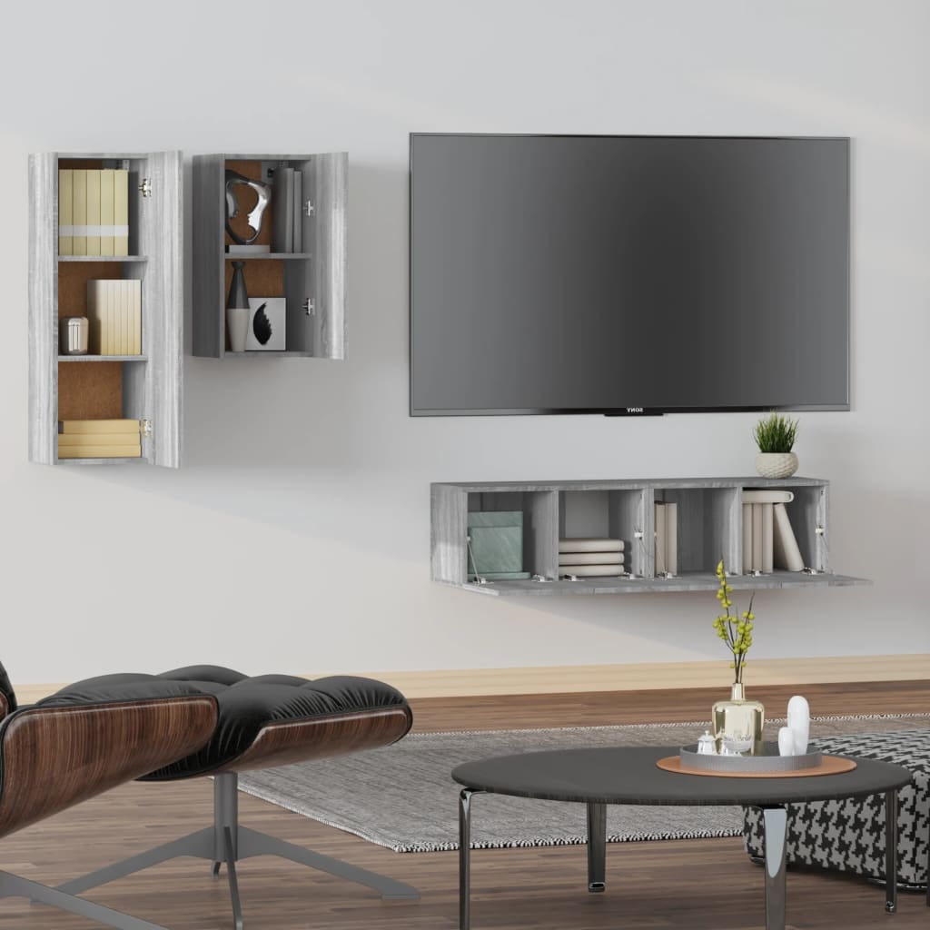 vidaXL 4-delige Tv-meubelset bewerkt hout grijs sonoma eikenkleurig