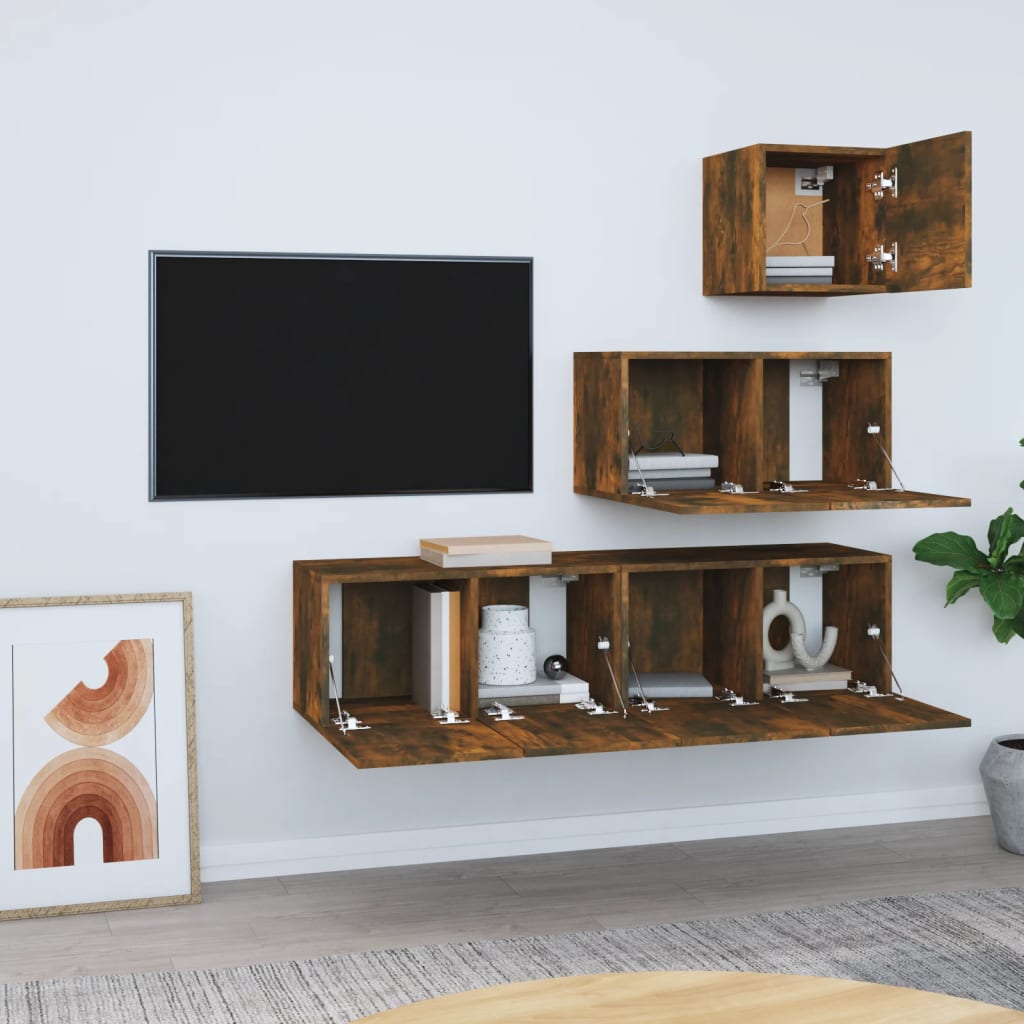 vidaXL 4-delige Tv-meubelset bewerkt hout gerookt eikenkleurig