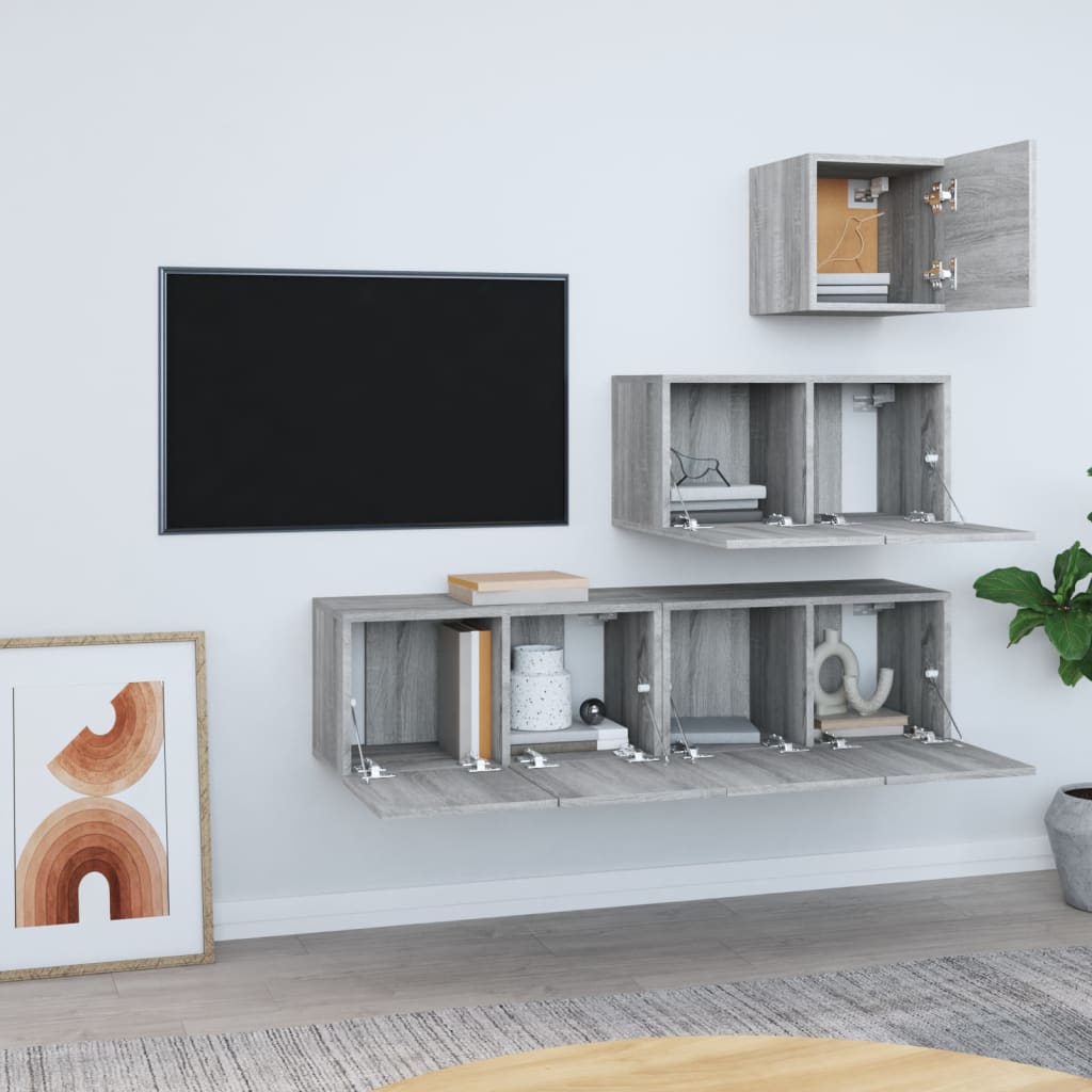 vidaXL 4-delige Tv-meubelset bewerkt hout grijs sonoma eikenkleurig