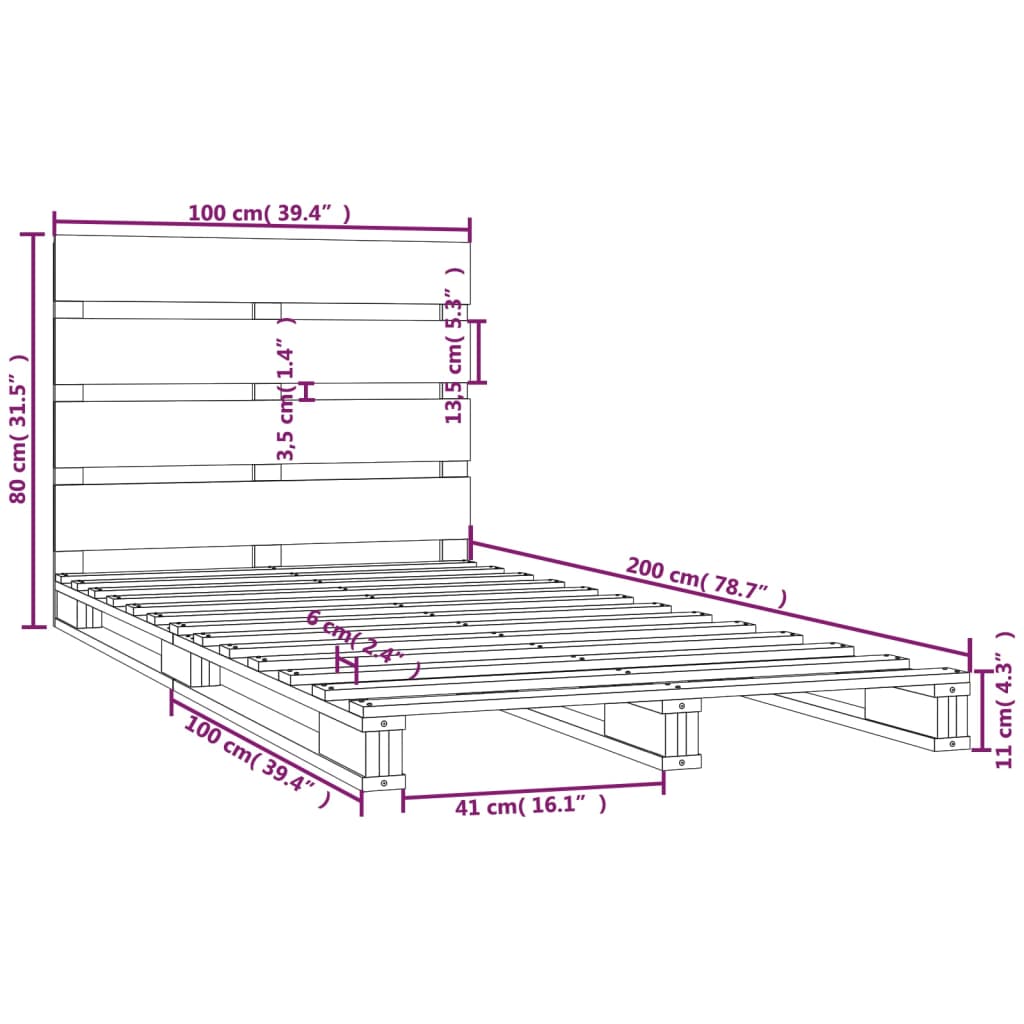 Okvir za krevet bijeli 100 x 200 cm od masivne borovine