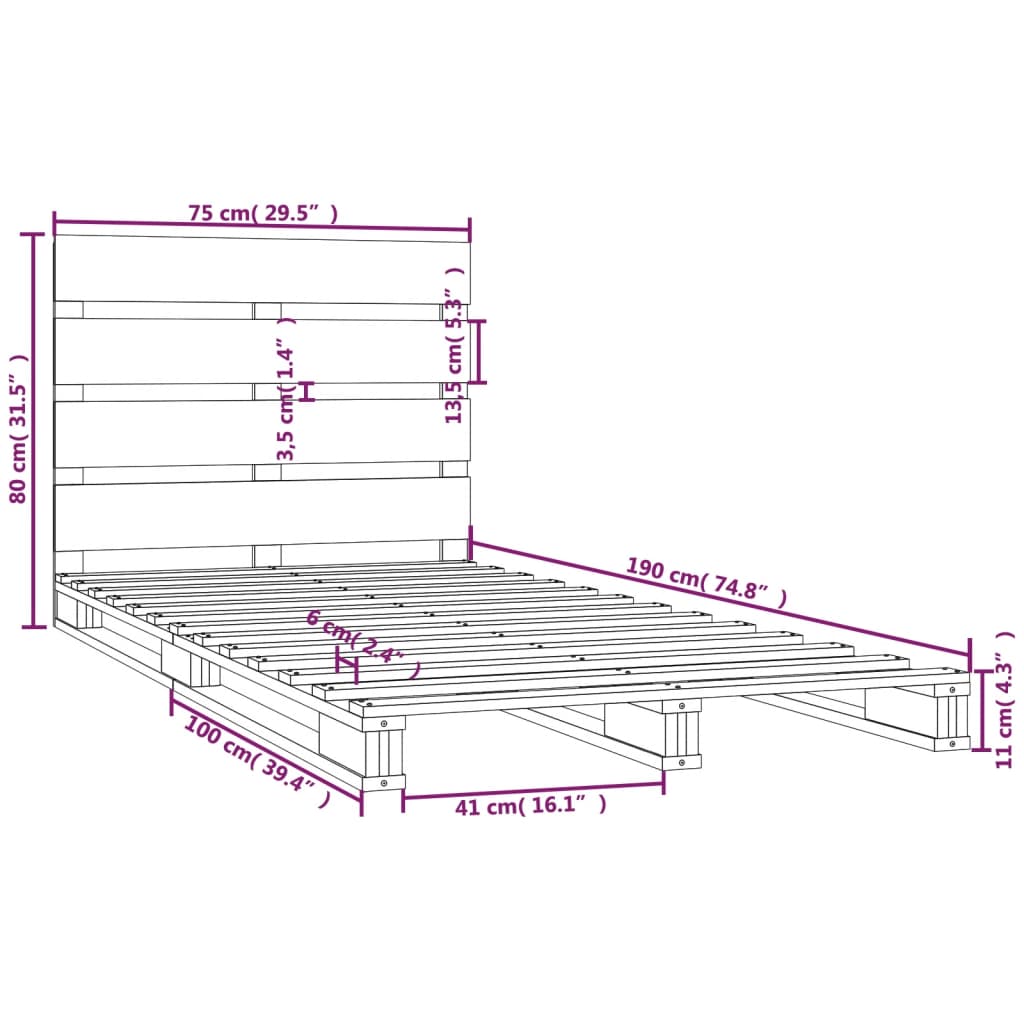 Cadru de pat mic Single 2FT6, alb, 75x190 cm, lemn masiv de pin