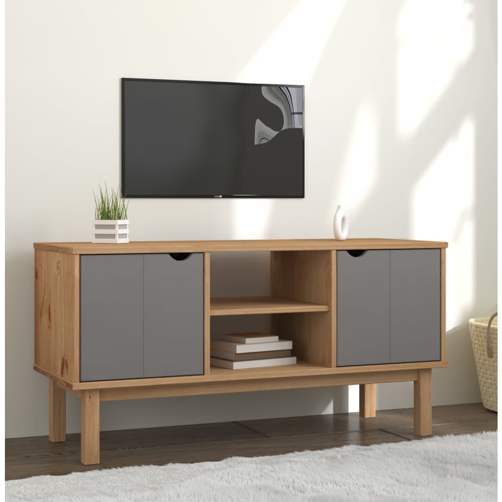 Meuble TV Marron et gris 113,5x43x57 cm Bois de pin massif | meublestv.fr
