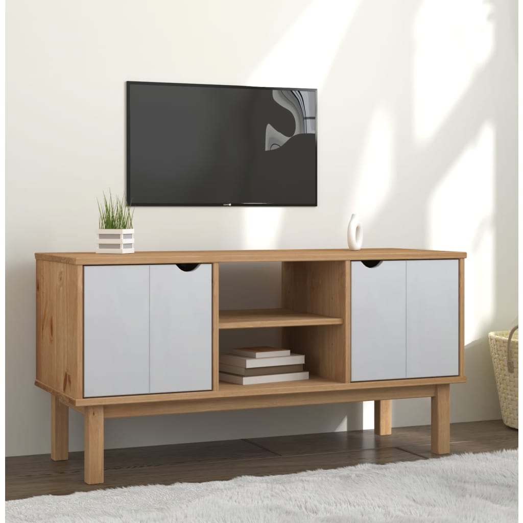 Meuble TV Marron et blanc 113,5x43x57 cm Bois de pin massif | meublestv.fr