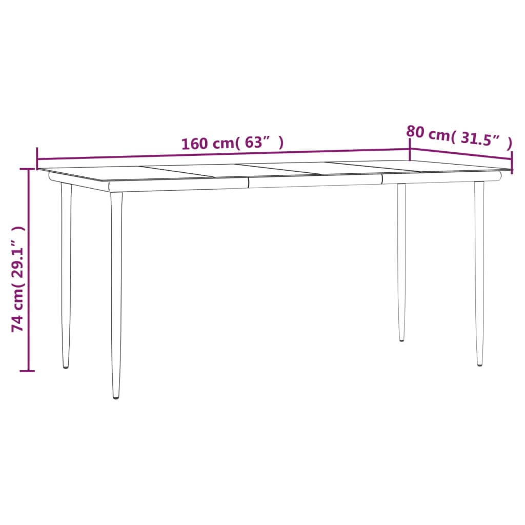  Záhradný jedálenský stôl čierny 160x80x74cm oceľ a tvrdené sklo