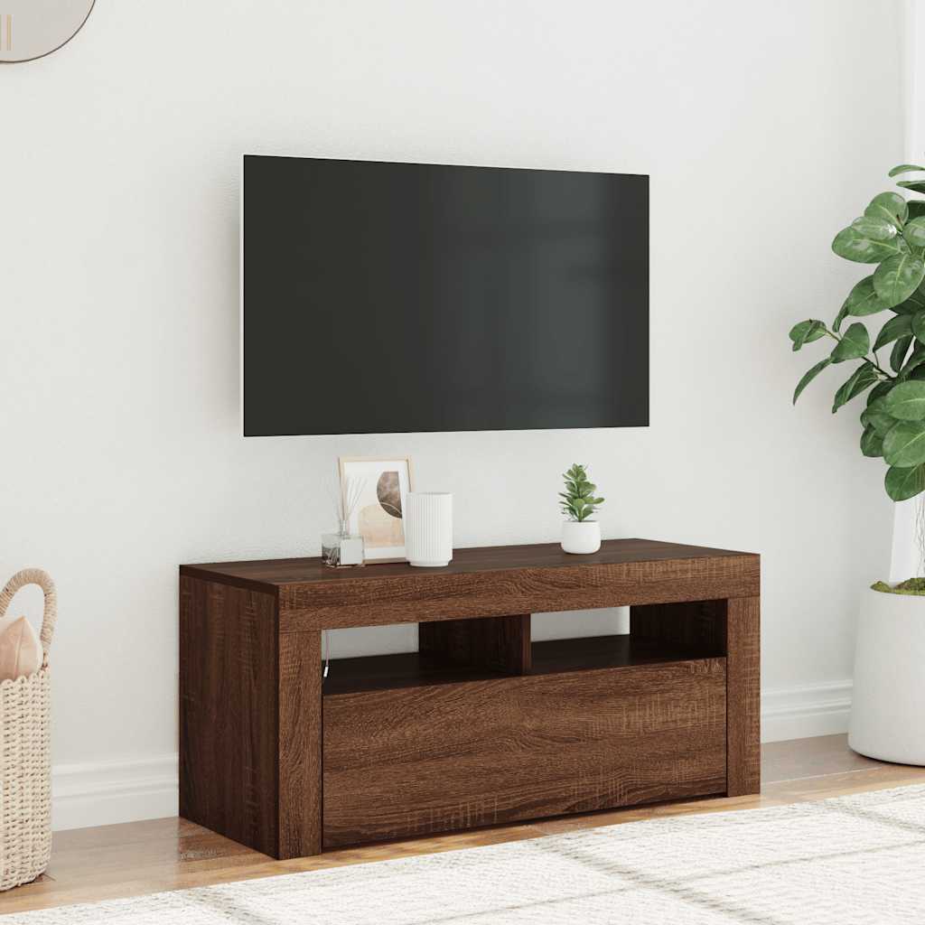 vidaXL Comodă TV cu lumini LED, stejar maro, 90x35x40 cm
