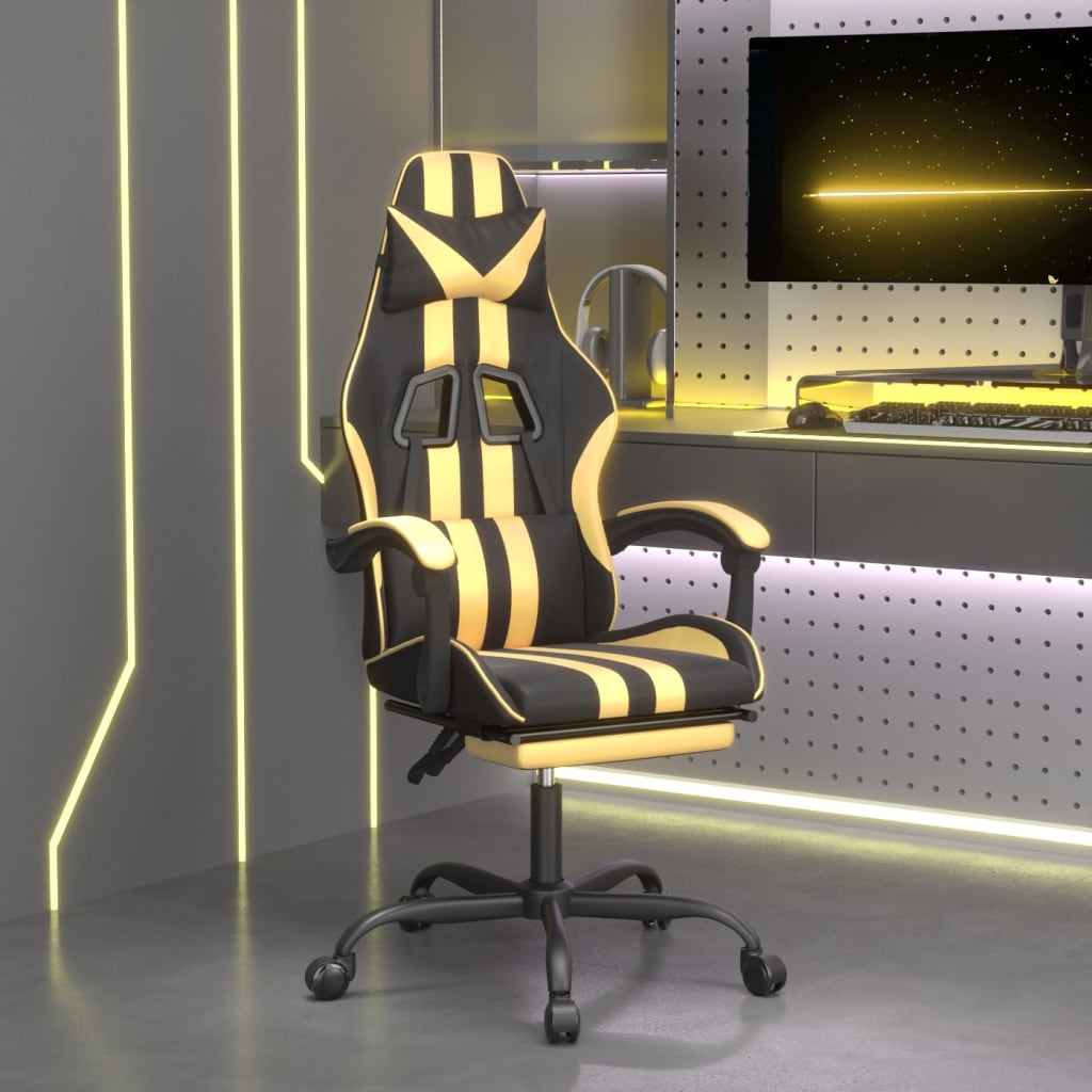 Otočná herní židle s podnožkou černá a zlatá umělá kůže