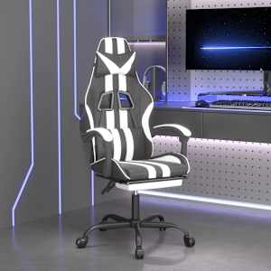 Vrtljiv gaming stol z oporo za noge črno in belo umetno usnje