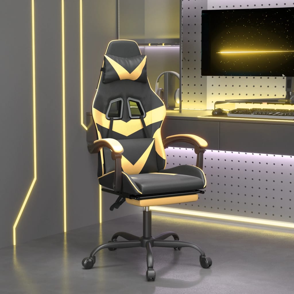 Otočná herní židle s podnožkou černá a zlatá umělá kůže