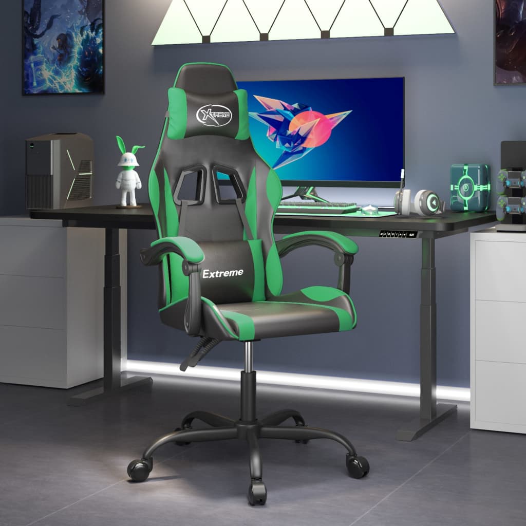 vidaXL Scaun de gaming pivotant, negru și verde, piele ecologică ecologica