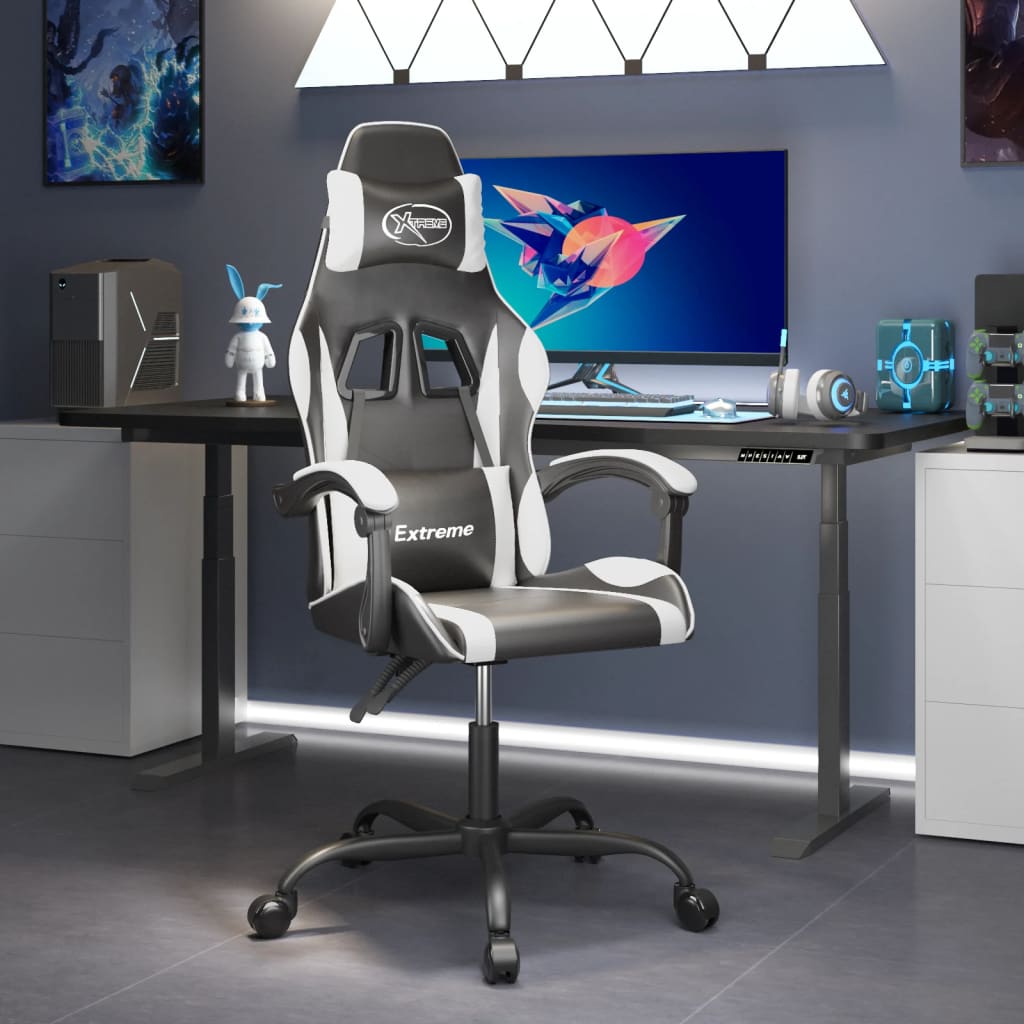 vidaXL Scaun de gaming pivotant, negru și alb, piele ecologică alb