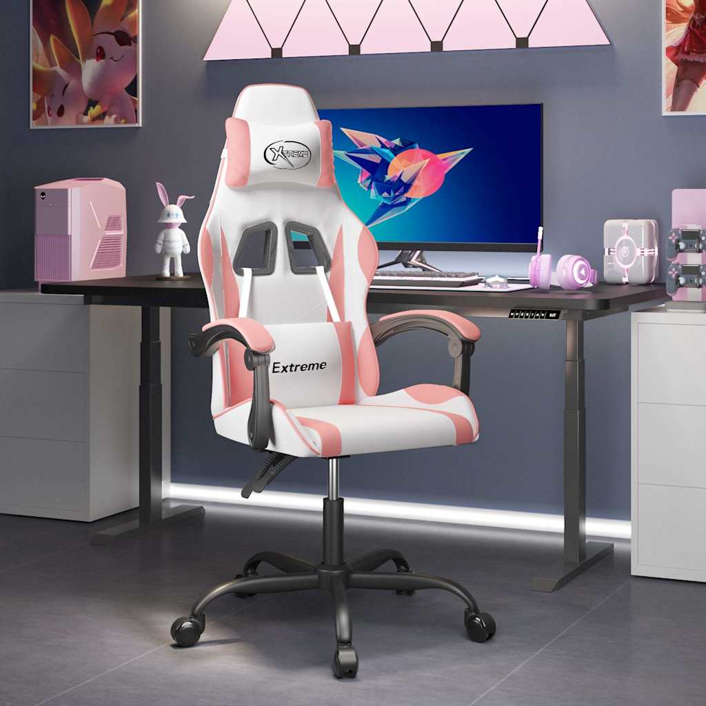 vidaXL Gamingstol vit och rosa konstl&auml;der