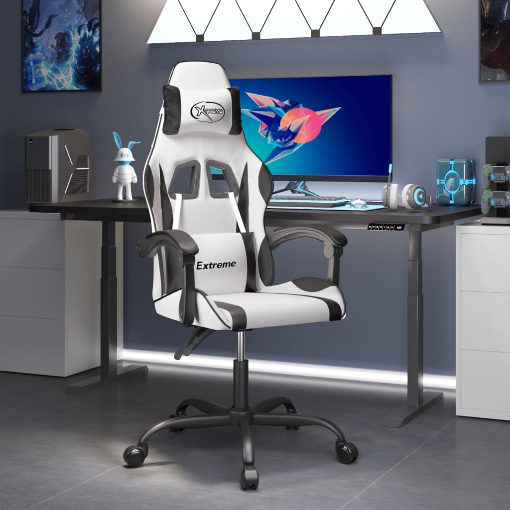 vidaXL Cadeira gaming giratória couro artificial branco e preto