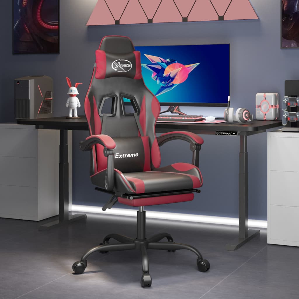 vidaXL Scaun gaming pivotant/suport picioare negru/roșu vin piele eco Eco