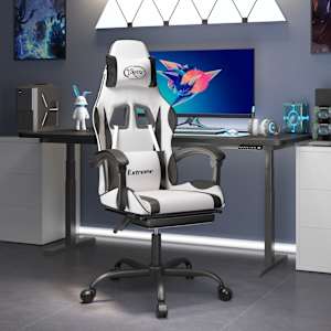 Vrtljivi gaming stol z oporo za noge belo in črno umetno usnje