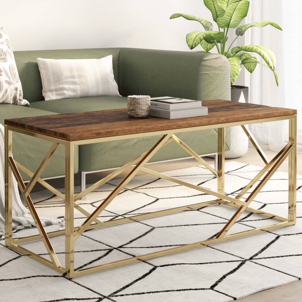 Konferenční stolek zlatý nerezová ocel a pražcové dřevo