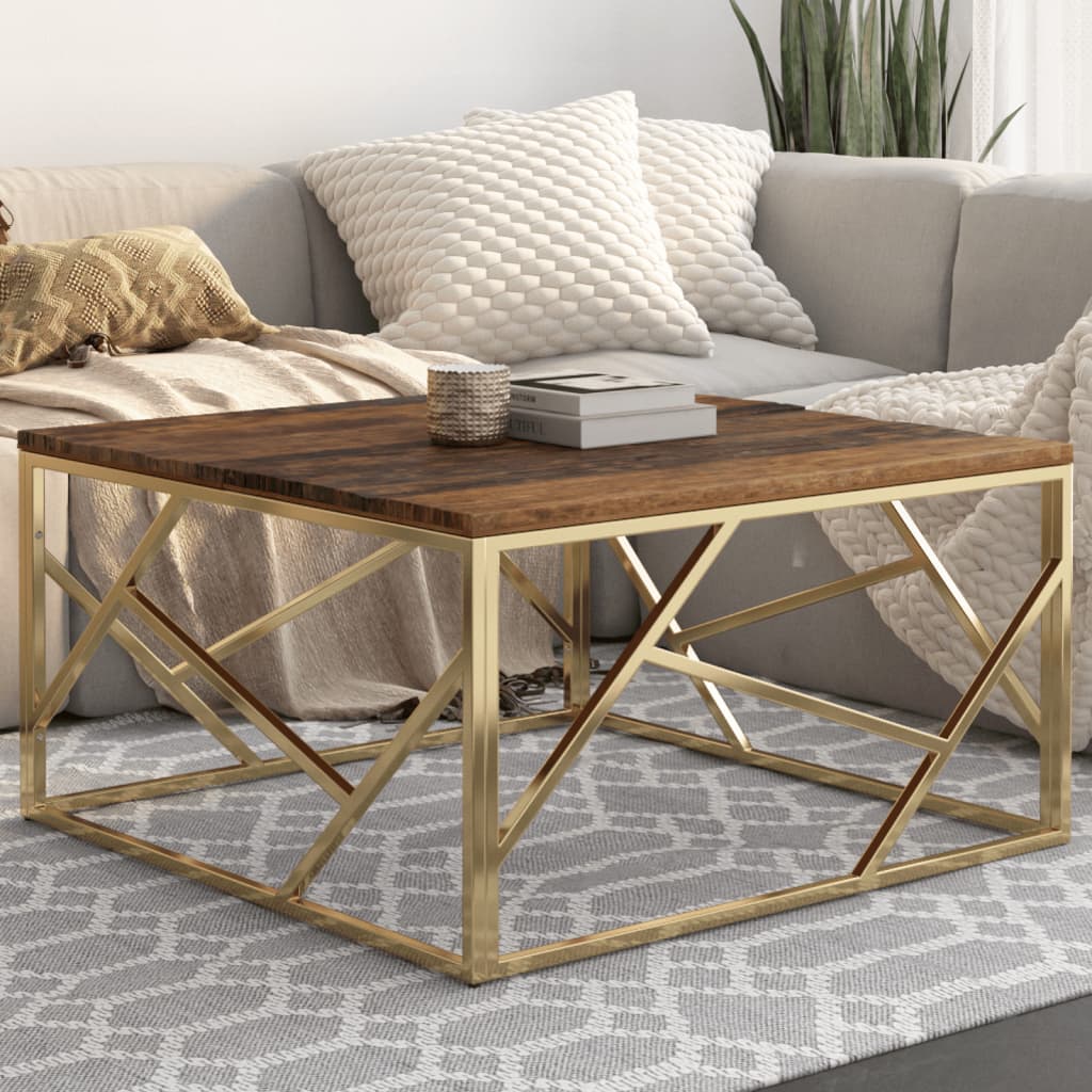 Konferenční stolek zlatý nerezová ocel a pražcové dřevo