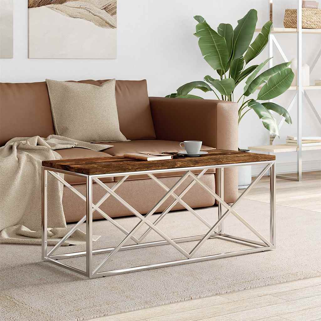 Sofabord i rustfrit stål med bordplade af massivt genbrugstræ - 110 × 45 × 45 cm