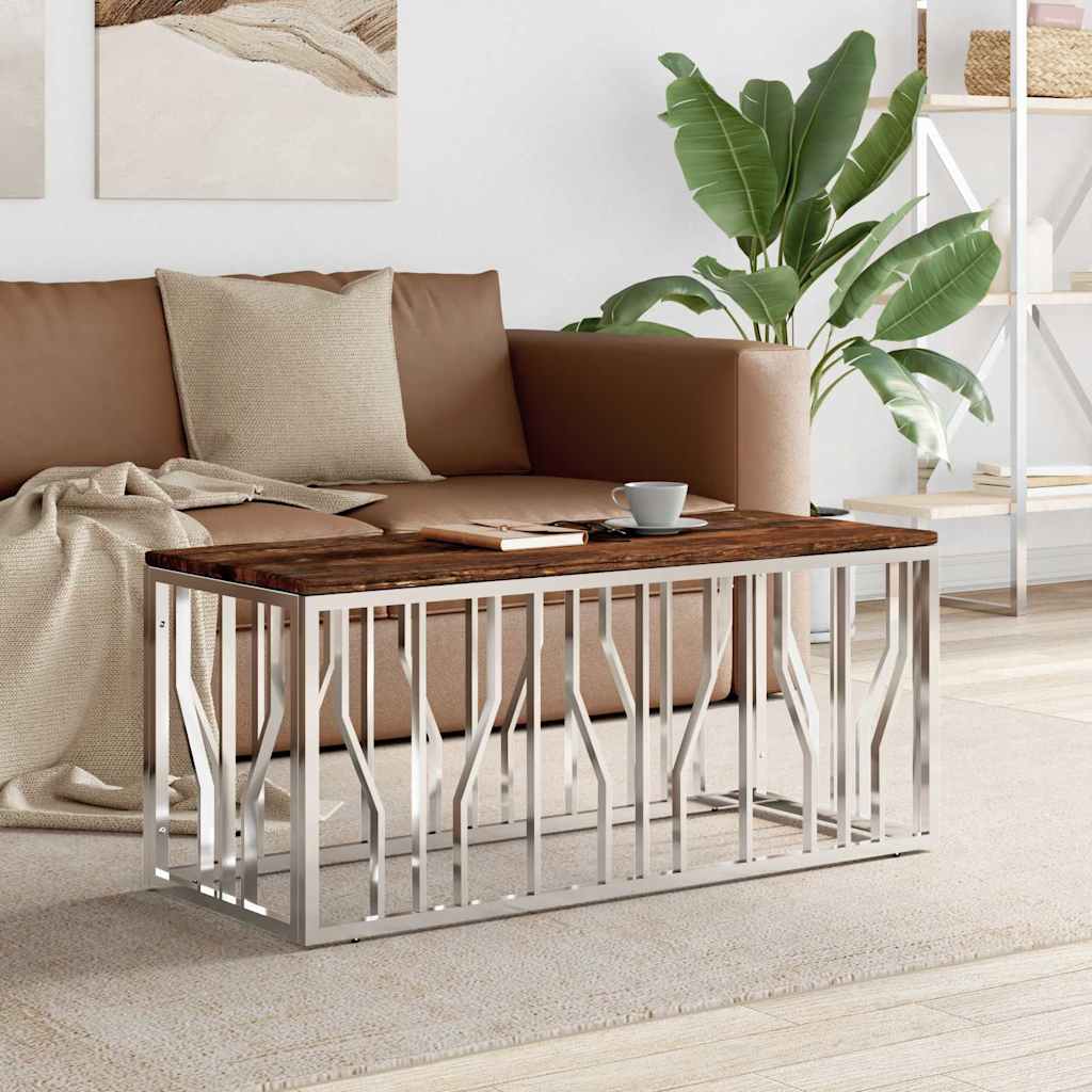 Sofabord i rustfrit stål med bordplade i massivt genbrugstræ - 110 × 45 × 45 cm