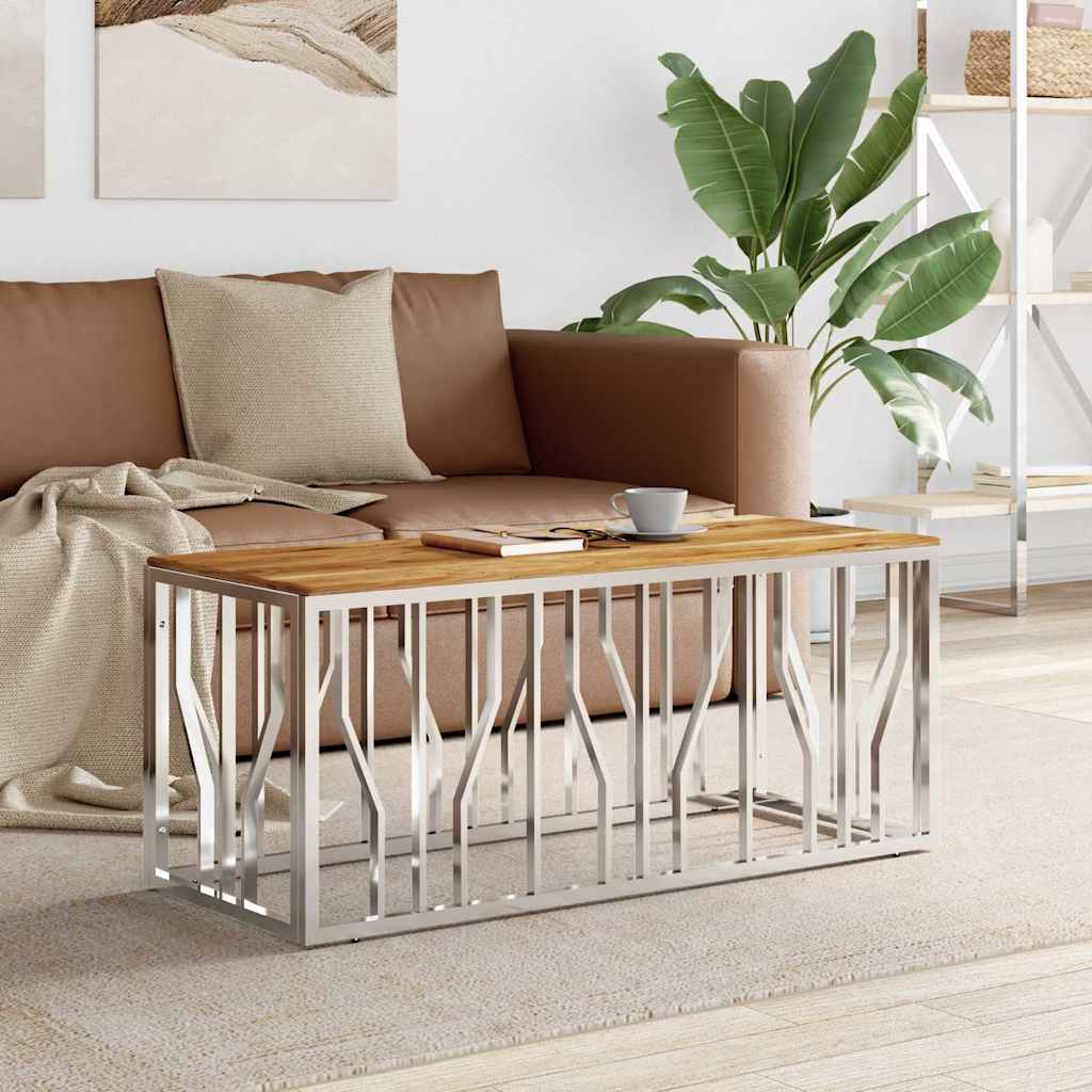 Sofabord i rustfrit stål med bordplade i massivt akacietræ - sølvfarvet, 110 × 45 × 45 cm