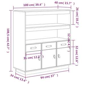 Skříň highboard šedá 100x40x108,5 cm masivní borové dřevo - obrázek 12