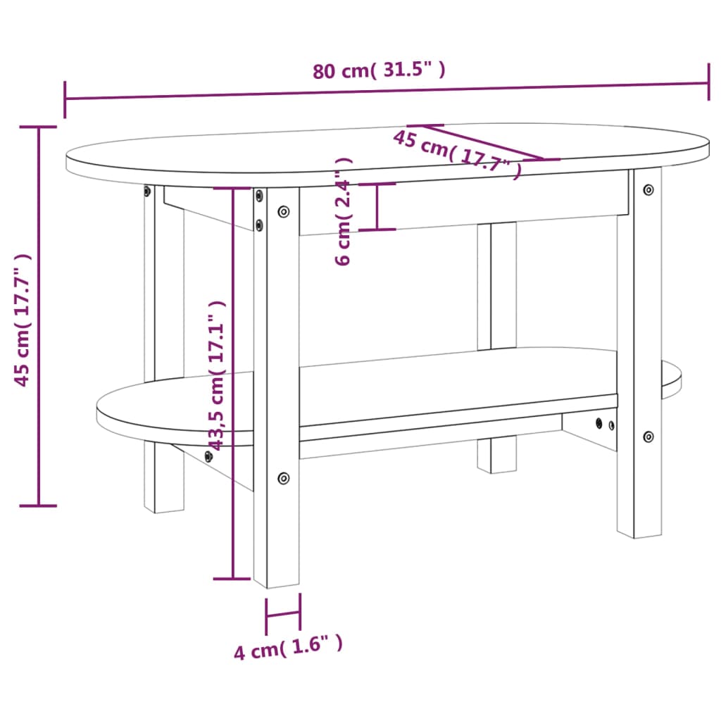 Tavolino da Salotto Bianco 110x55x45 cm Legno Massello di Pino vidaXL