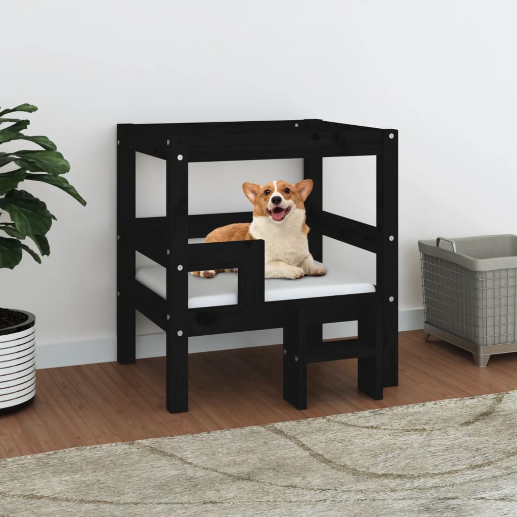  vidaXL Pat pentru câini, negru, 55,5x53,5x60 cm, lemn masiv de pin
