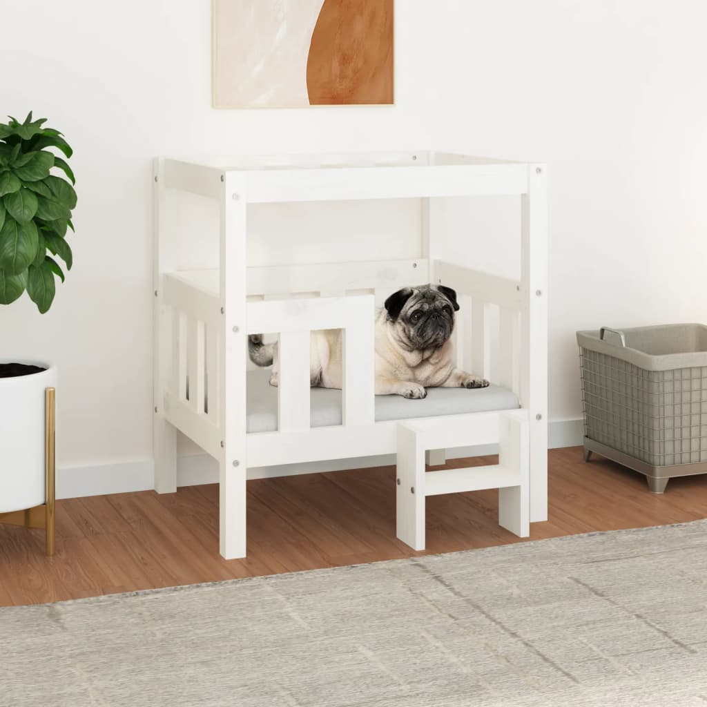  vidaXL Pat pentru câini, alb, 65,5x43x70 cm, lemn masiv de pin
