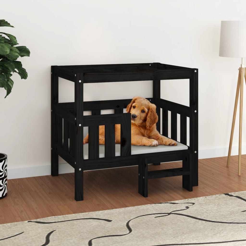  vidaXL Pat pentru câini, negru, 75,5x63,5x70 cm, lemn masiv de pin
