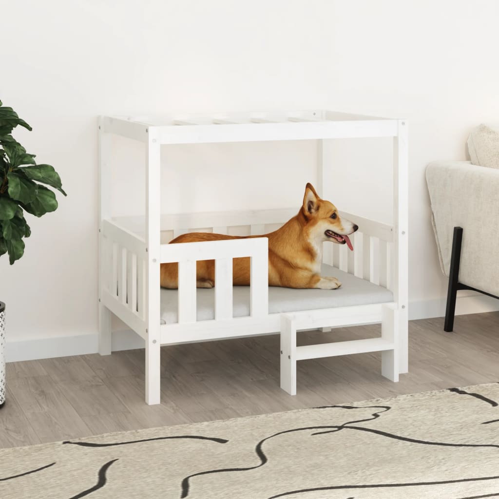  vidaXL Pat pentru câini, alb, 95,5x73,5x90 cm, lemn masiv de pin