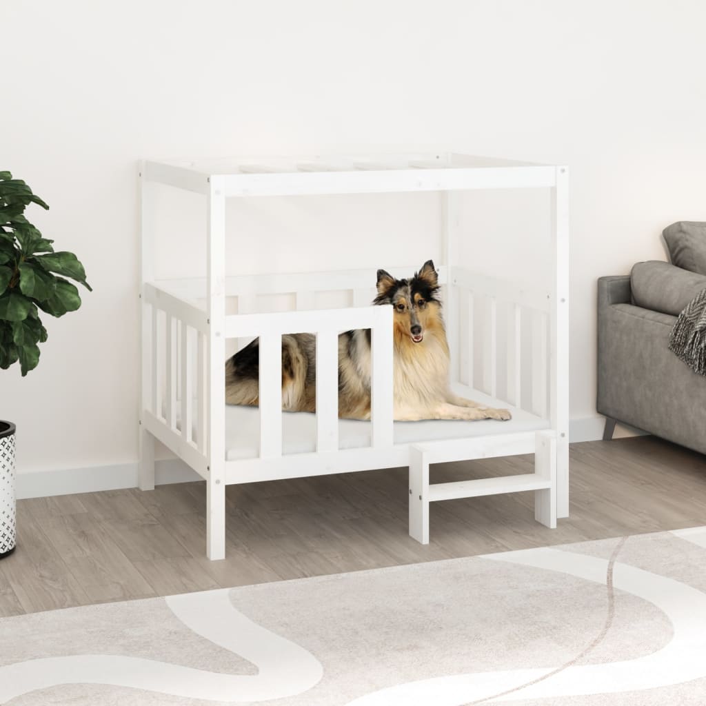  vidaXL Pat pentru câini, alb, 105,5x83,5x100 cm, lemn masiv de pin