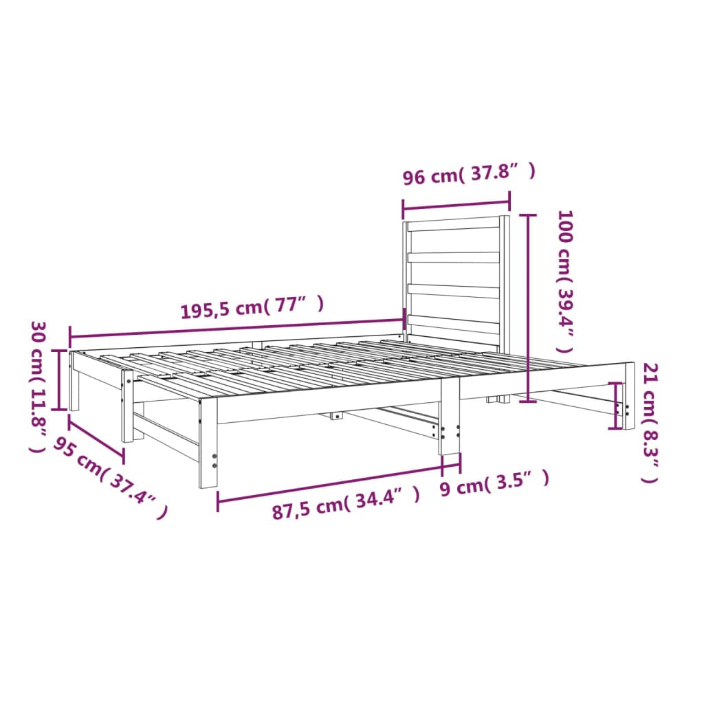 Pat de zi extensibil, 2x(90x190) cm, lemn masiv de pin