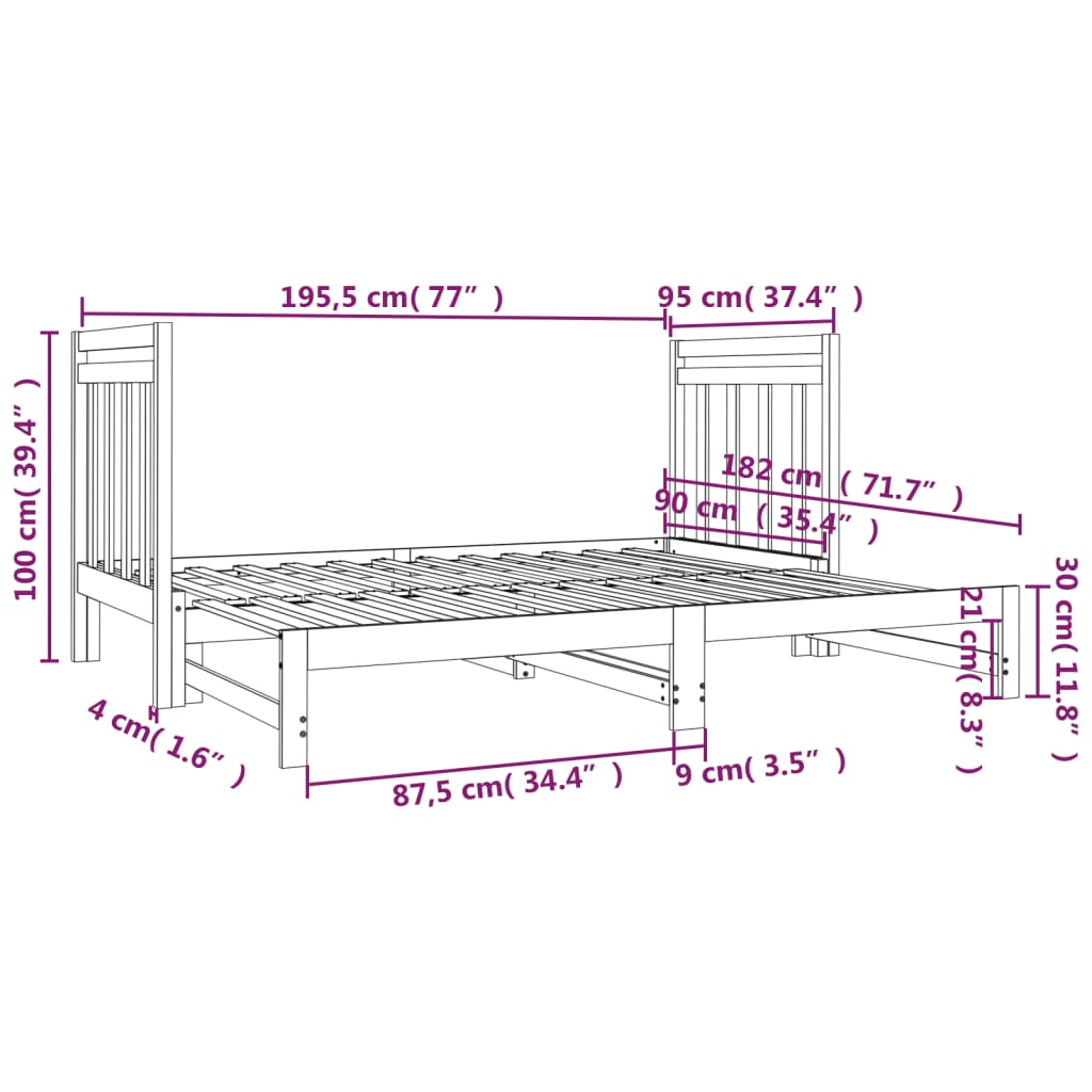 Tömör fenyőfa kihúzható kanapéágy 2x(90x190) cm 