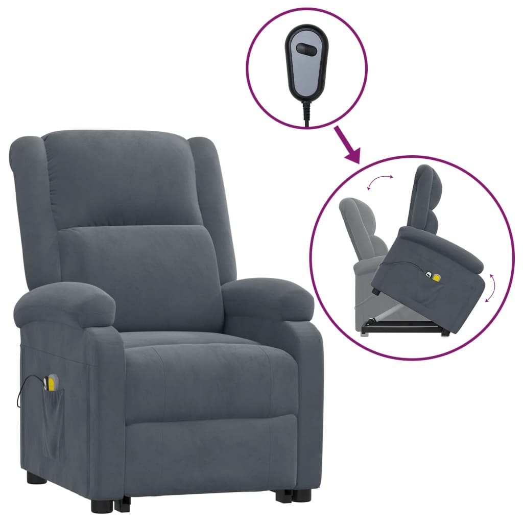 Atsistojantis masažinis krėslas, tamsiai pilkas, aksomas | Stepinfit