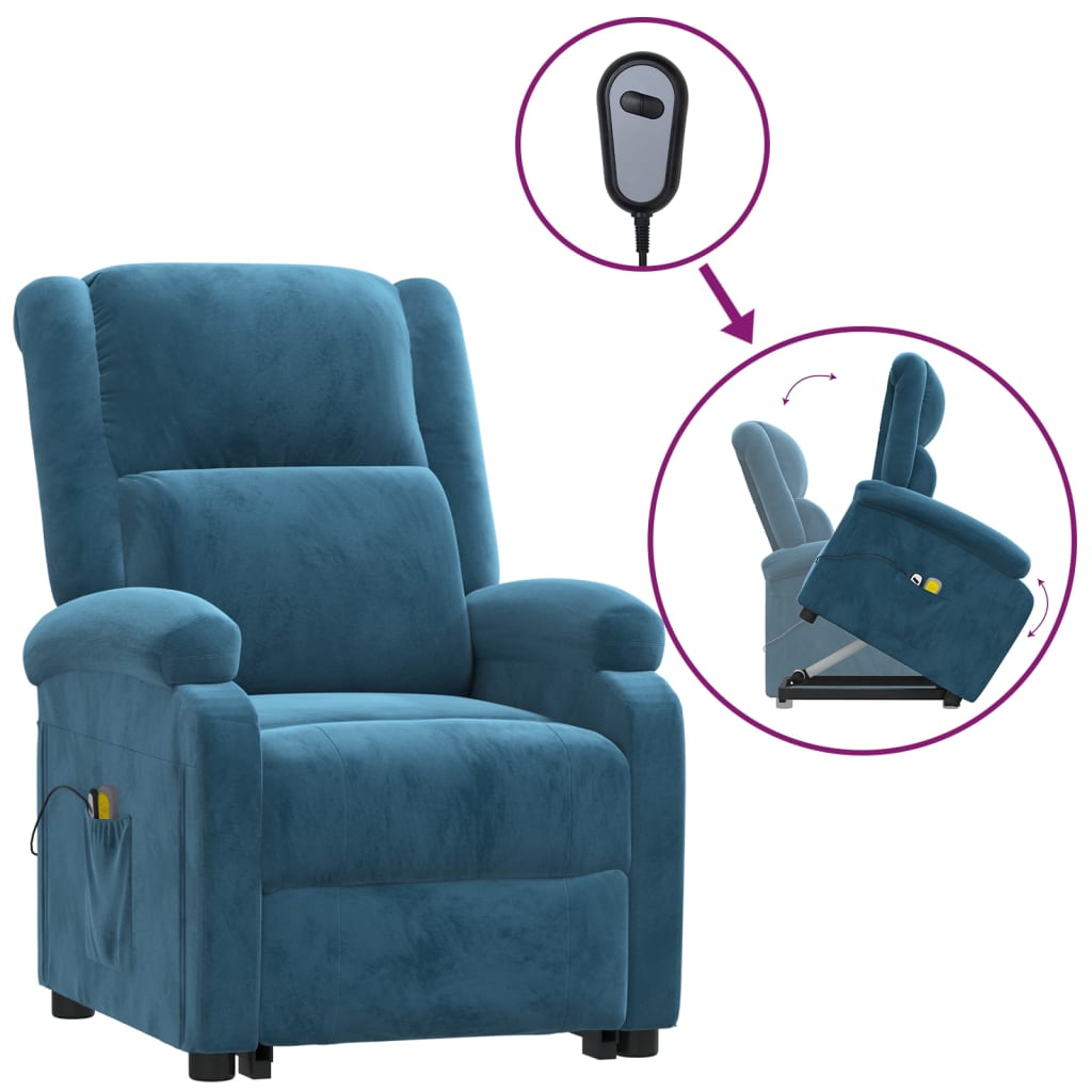 Atsistojantis atlošiamas masažinis krėslas, mėlynas, aksomas