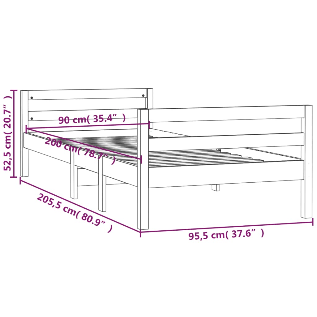 Okvir za krevet 90 x 200 cm od masivne borovine