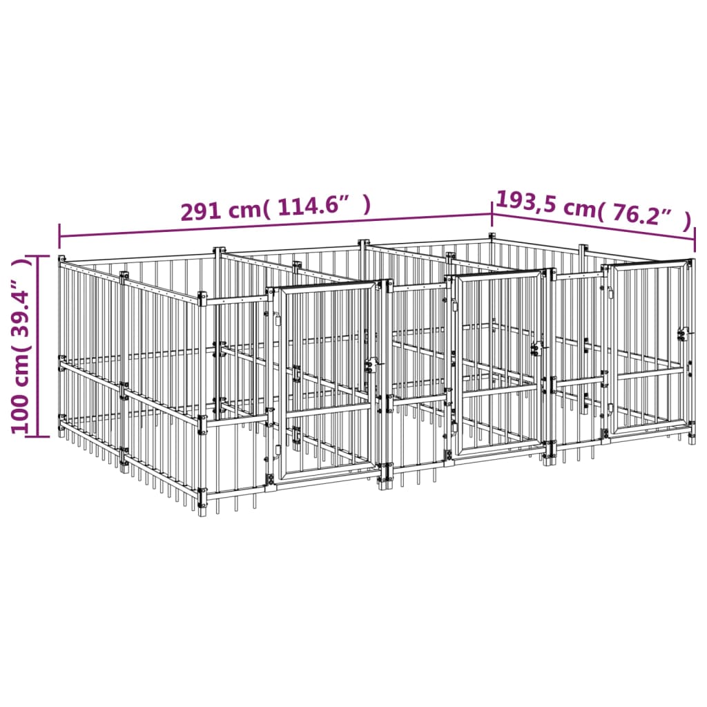 Chenil d’extérieur en acier noir pour chien - 3 chenils individuels modulables – Panneaux à barreaux – 291 x 193,5 x 100 cm – 6 m²