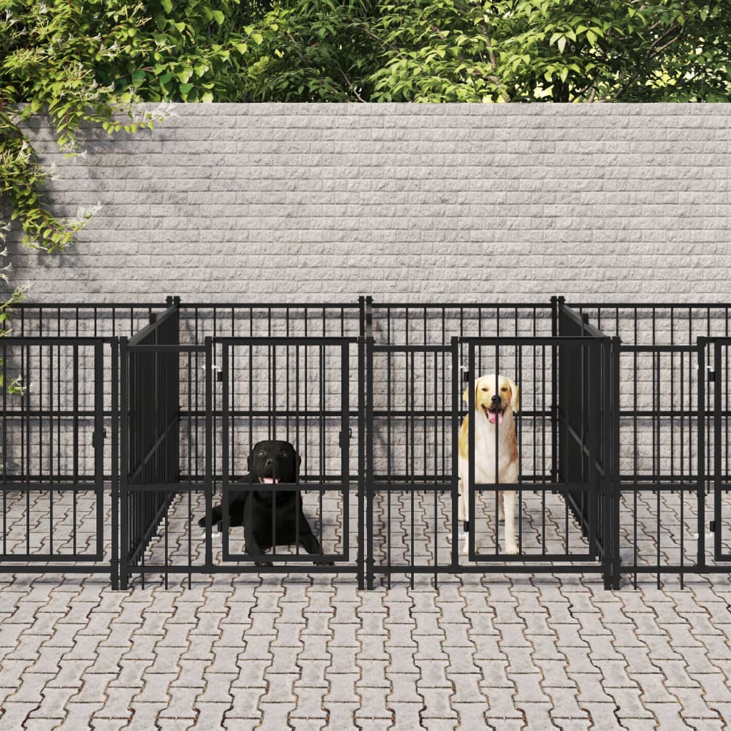 Chenil d’extérieur en acier noir pour chien - 4 chenils individuels modulables – Panneaux à barreaux – 388 x 193,5 x 100 cm – 7 m²