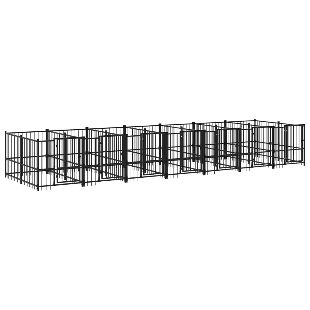 Chenil d’extérieur en acier noir pour chien - 7 chenils individuels modulables – Panneaux à barreaux – 679 x 193,5 x 100 cm – 13 m²