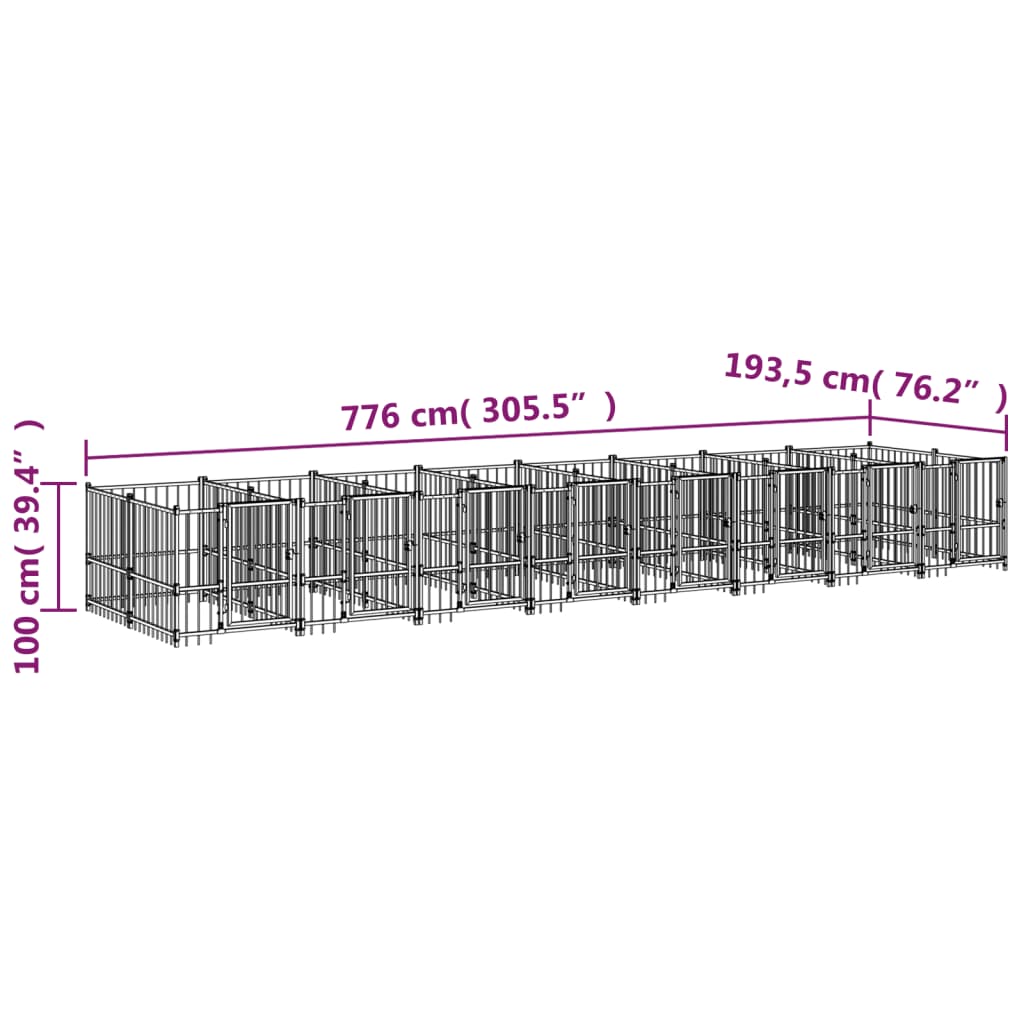 Chenil d’extérieur en acier noir pour chien - 8 chenils individuels modulables – Panneaux à barreaux – 776 x 193,5 x 100 cm – 15 m²