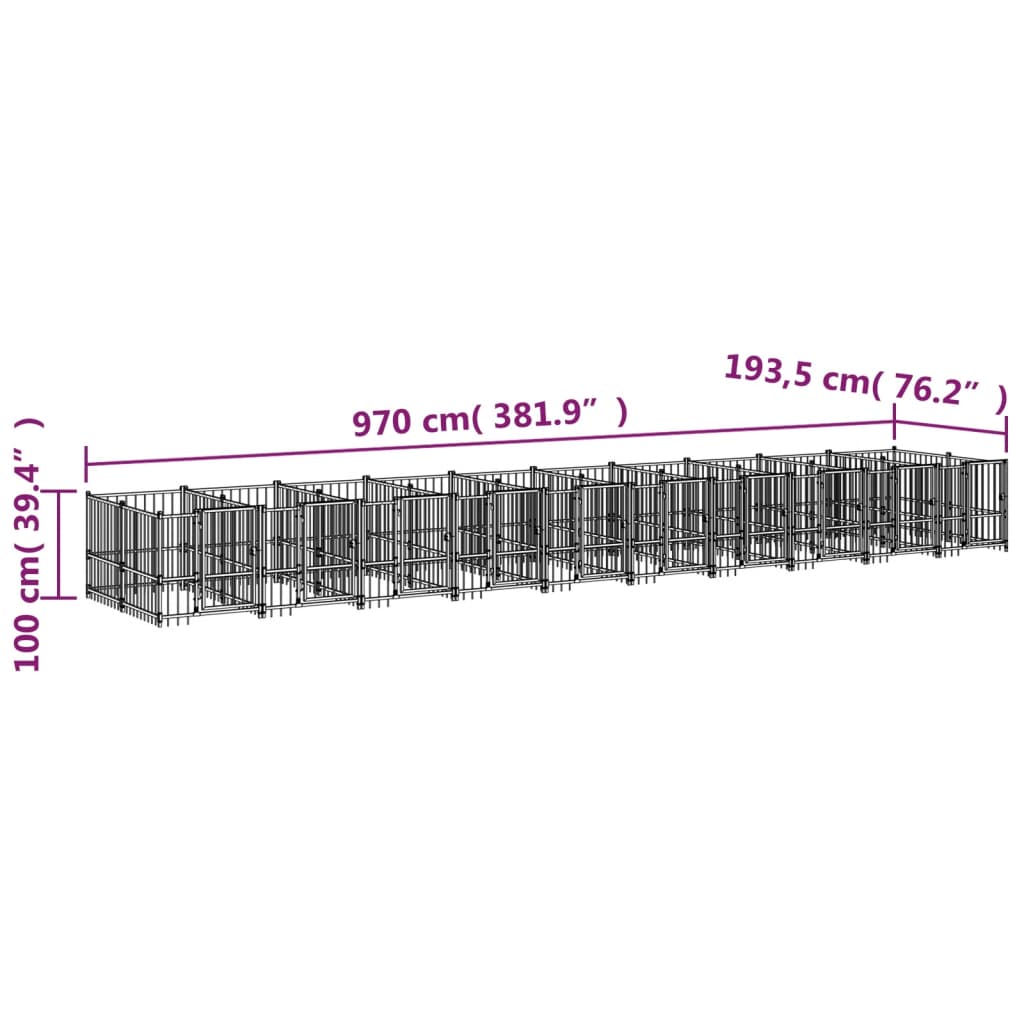 Chenil d’extérieur en acier noir pour chien - 10 chenils individuels modulables – Panneaux à barreaux – 970 x 193,5 x 100 cm – 19 m²